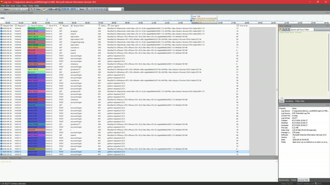 An IIS log in Log Lion colored by client address, with one attacking address forming a solid strand of color.