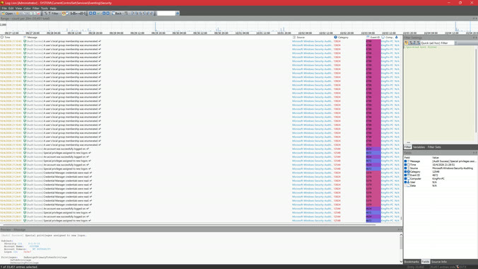 The live Windows Security event log in Log Lion, colored by event ID.