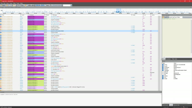 A Docker compose project in Log Lion: four containers merged by time and colored by container, with payment timeouts beside the 502 errors they caused.